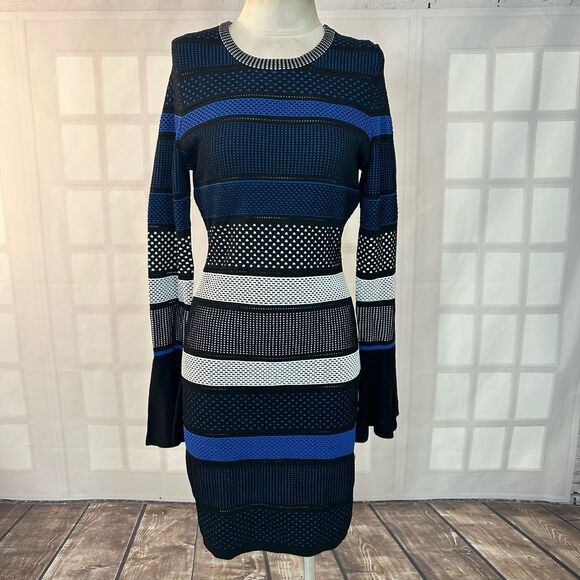 Alton Gray Bodycon Long Sleeve Striped Mesh Dress Size L - Picture 2 of 10